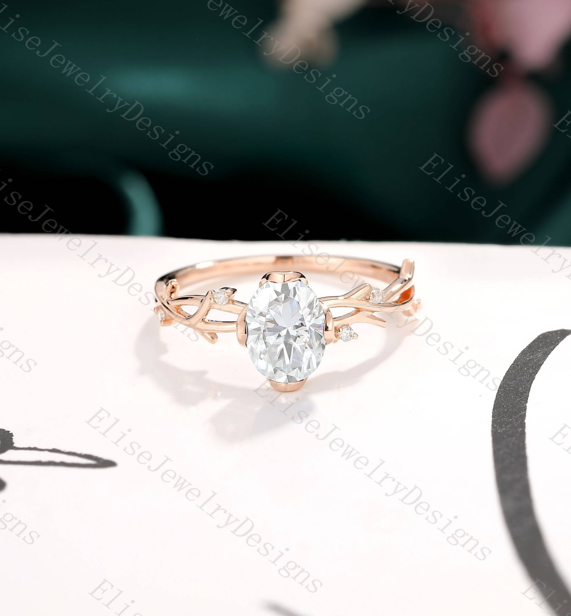 Blatt Moissanite Ring | Ovaler Zweig Vintage Roségold Versprechen von EliseJewelryDesigns