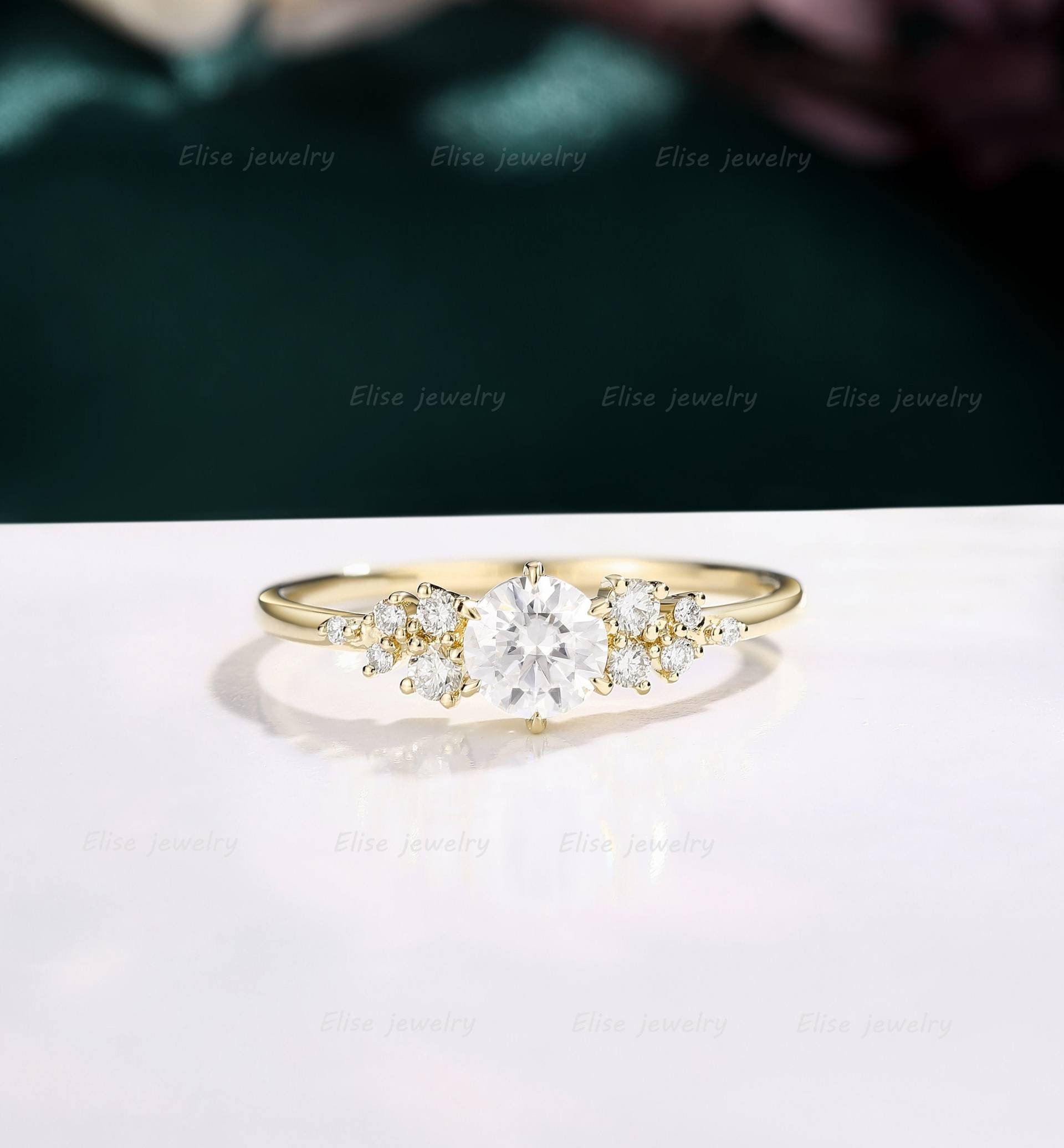 Cluster Moissanit Verlobungsring Art Deco Ring Vintage Gelbgold Versprechen Jahrestag Ehering von EliseJewelryDesigns