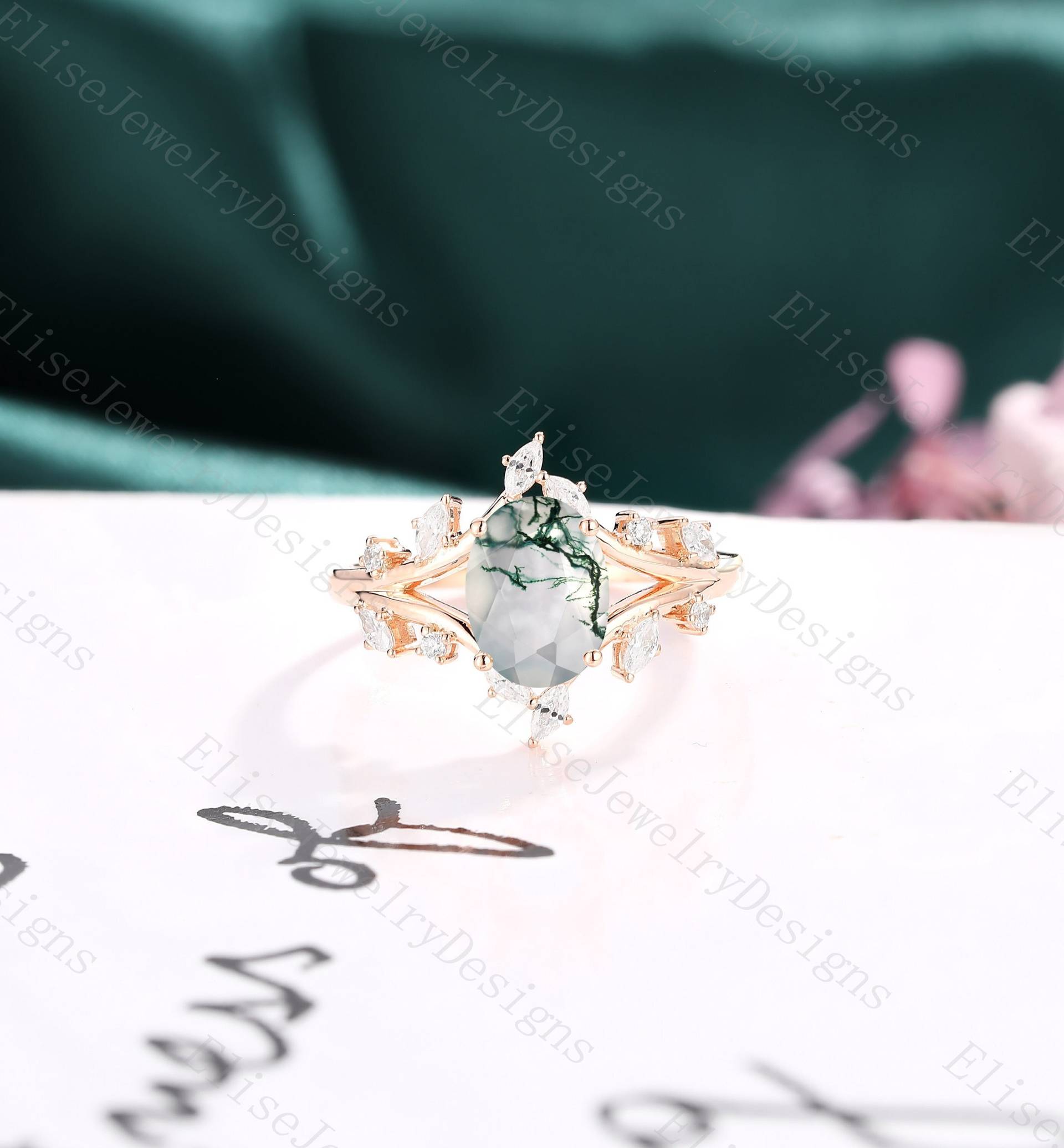 Einzigartiger Blatt Moos Achat Verlobungsring Vintage Oval Schliff Ring Split Flower Cluster Roségold Braut Versprechen Jubiläum von EliseJewelryDesigns