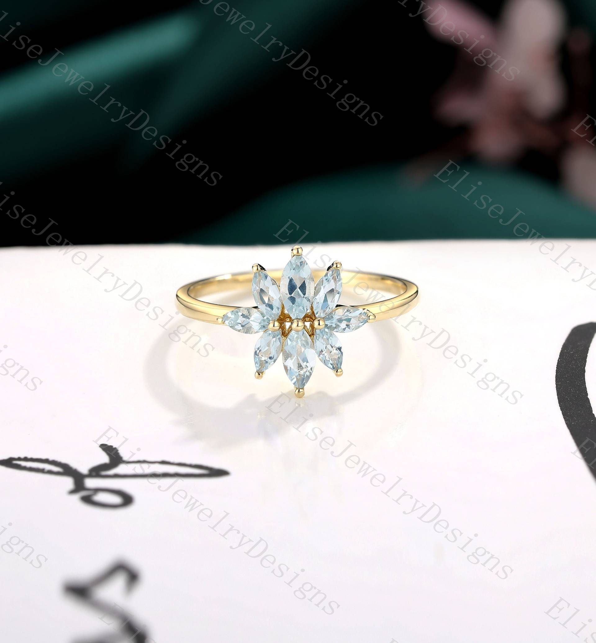 Marquise Aquamarin Verlobungsring | Schneeflocke Ring Roségold Cluster Blume Ehering Art Deco von EliseJewelryDesigns