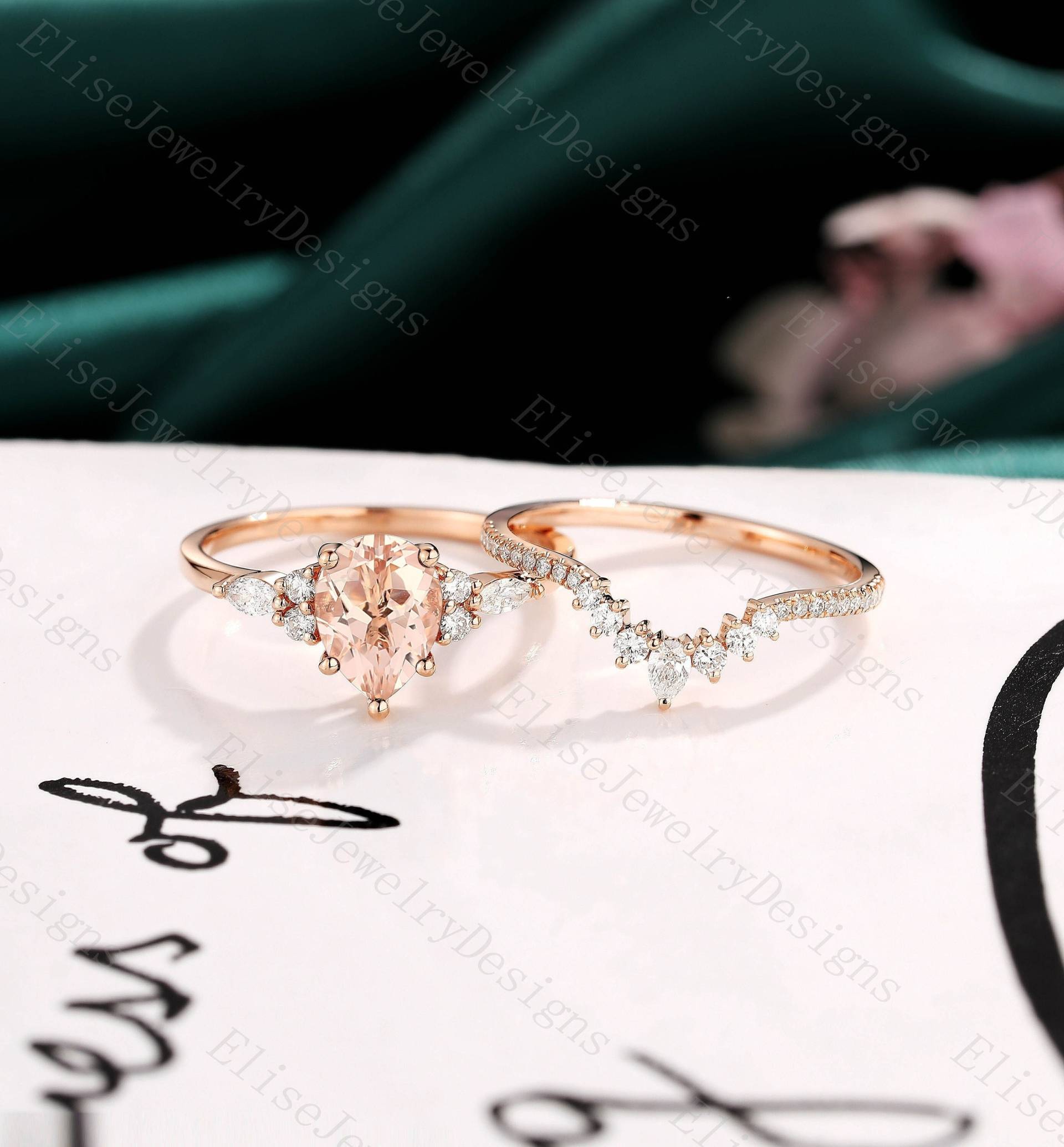 Rose Gold Morganit Verlobungsring Set - Krone Ring Cluster Birnen Handgemachter Schmuck von EliseJewelryDesigns