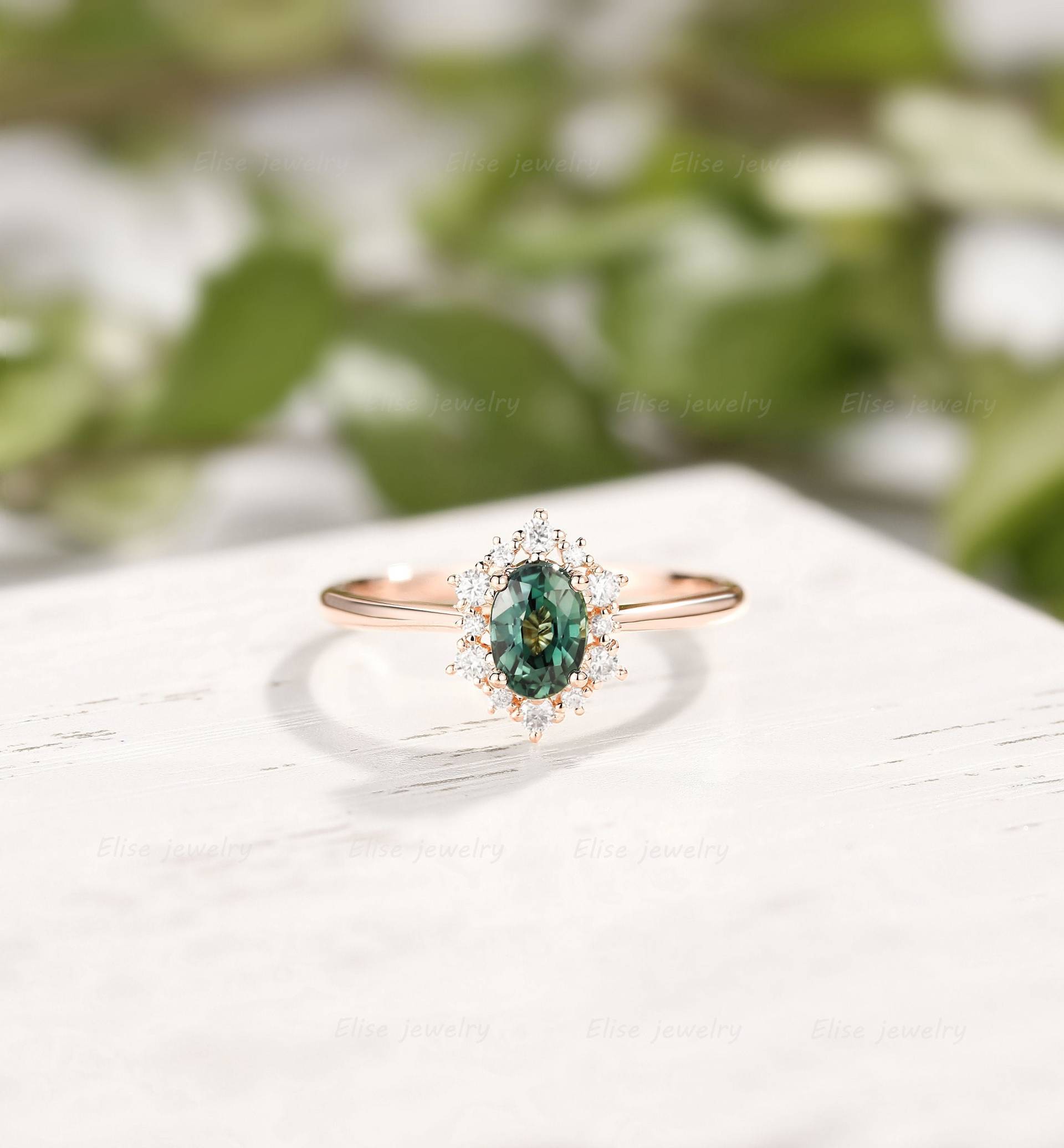 Teal Saphir Ring Grün Blau Halo Unikat Cluster Roségold Jahrestag Diamant Personalisiert Versprechen von EliseJewelryDesigns
