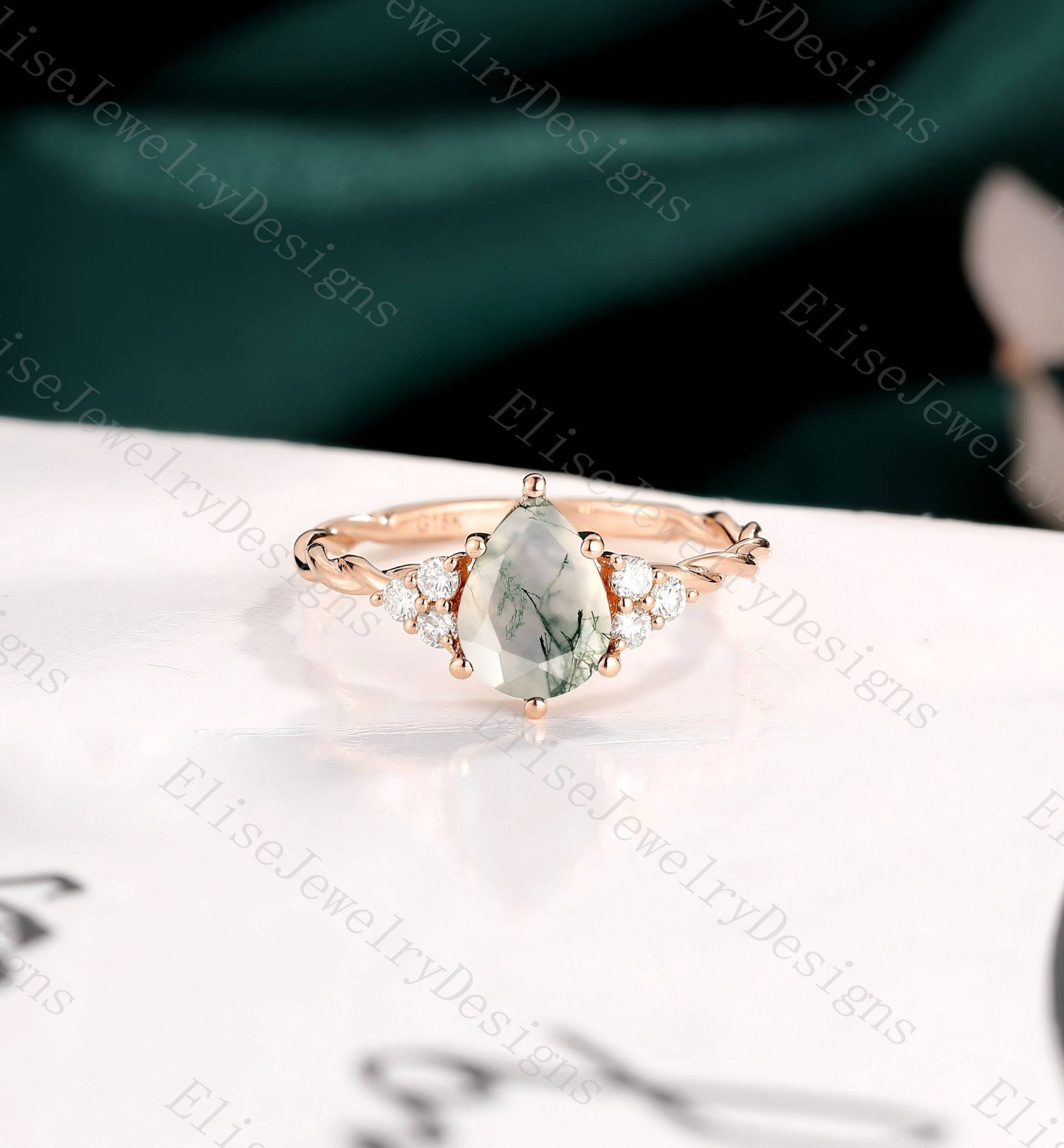 Vintage Moos Achat Verlobungsring | Birnenförmiger Ring Roségold Gedrehter Diamantring Einzigartiger Cluster Jubiläumsgeschenk von EliseJewelryDesigns