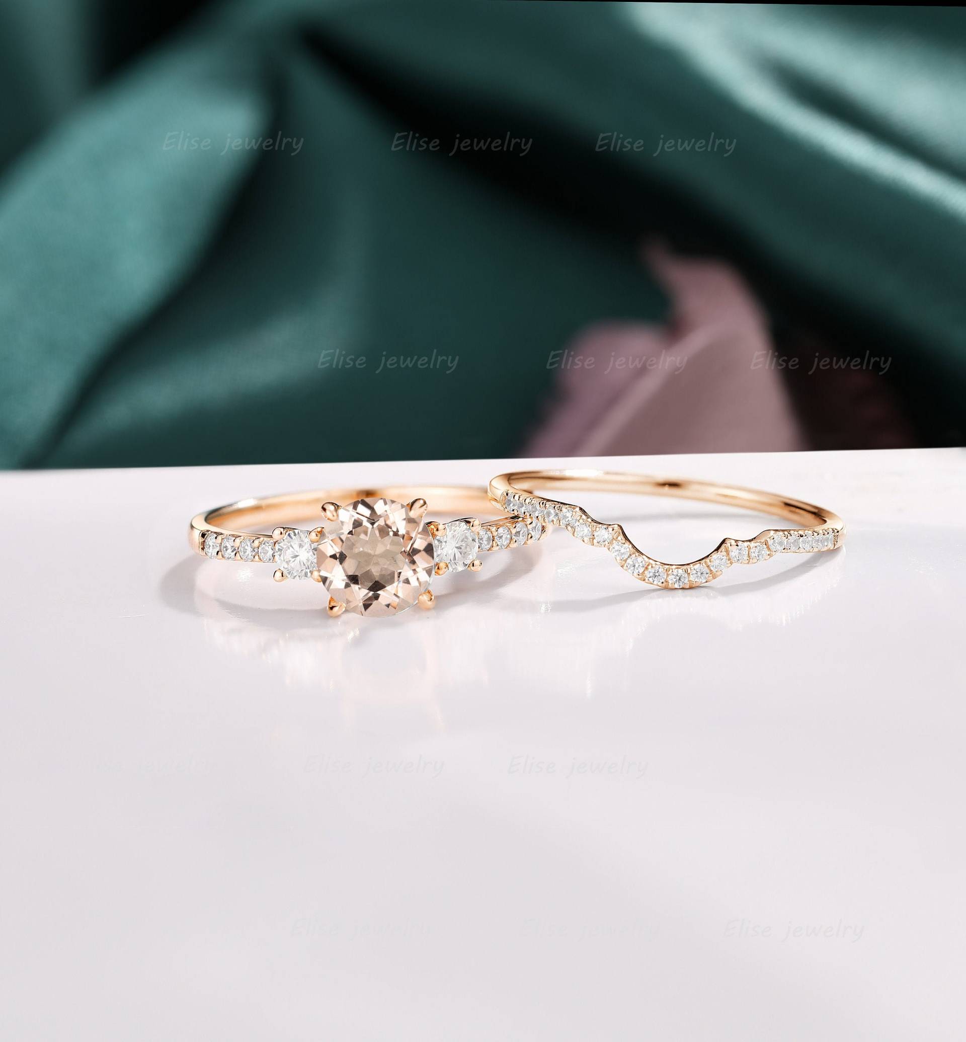 Vintage Morganit Verlobungsring Set Runder Ring Roségold Geschwungener Versprechen Jahrestag Stapel Diamant von EliseJewelryDesigns