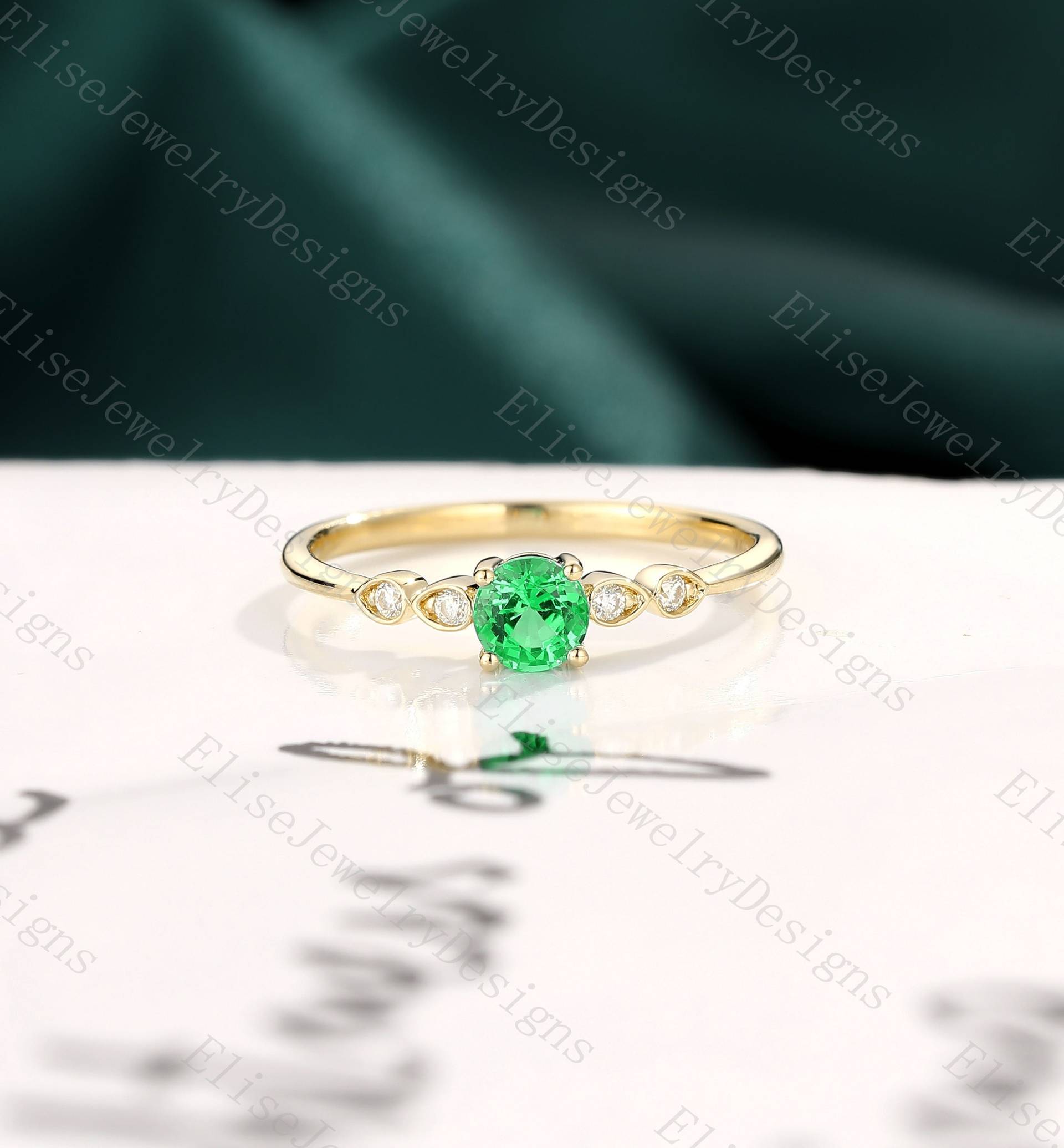 Vintage Rundschliff Smaragd Verlobungsring Birnenschliff Diamant/Moissanit Ring Gelbgold Custom Versprechen Jubiläum Für Frauen von EliseJewelryDesigns