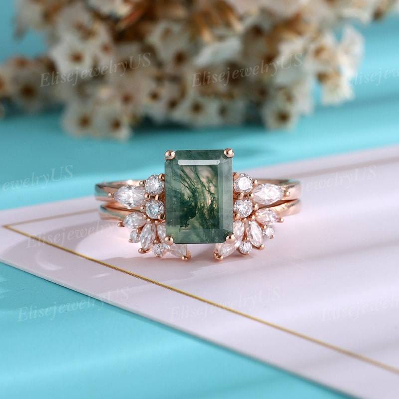 2 Stück Smaragd Geschnitten Moosachat Verlobungsring Rose Gold Cluster Moissanite Set Vintage Marquise Diamant Hochzeit Brautgeschenk von EliseJewelryUS