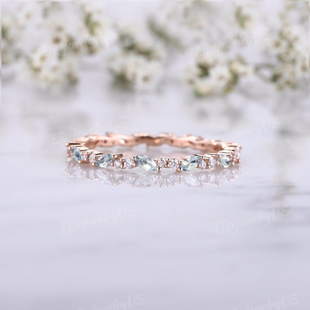 Einzigartiger Aquamarin-Ehering Aus Roségold Für Damen, Ehering Im Marquise-Schliff, Vintage-Diamant-stapelring, Passender Ring, Voller von EliseJewelryUS