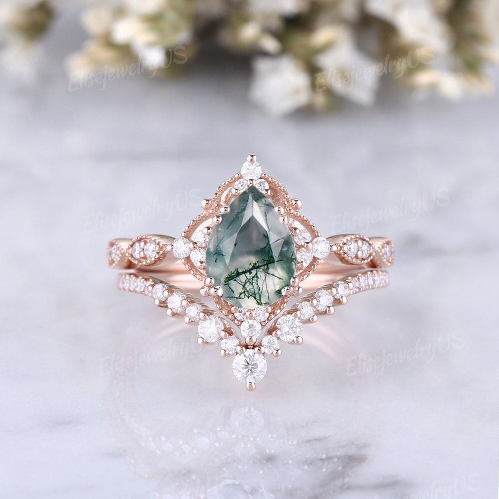 Einzigartige Moosachat Verlobungsring Set Pear Cut 2 Stück Grüner Achat Ring Rosegold Trauringe Milgrain Brautsets Jubiläumsgeschenk Einzigartige Moosachat Verlobungsring Set Pear Cut 2 Stück Grüner Achat Ring Rosegold Trauringe Milgrain Brautsets Jubiläumsgeschenk von EliseJewelryUS