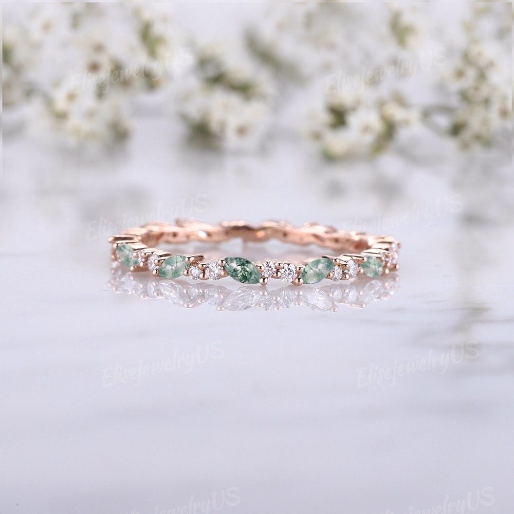 Marquise Schnitt Moosachat Ehering Rosegold Frauen Vintage Diamant Stapeln Passender Ring Einzigartige Brautring von EliseJewelryUS