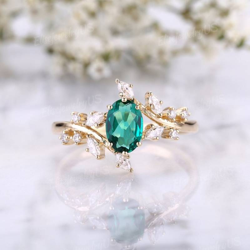 Oval Cut Smaragd Verlobungsring Frauen Moissanite Blatt Zweig Hochzeit Ring Gelbgold Einzigartige Brautring Blumenring Ranken Blume von EliseJewelryUS