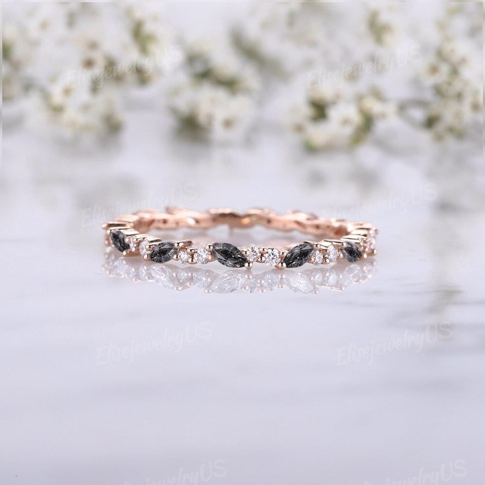 Rose Gold Ehering Marquise Schnitt Schwarz Rutilquarz Vintage Diamant Stapeln Passender Ring Brautring von EliseJewelryUS