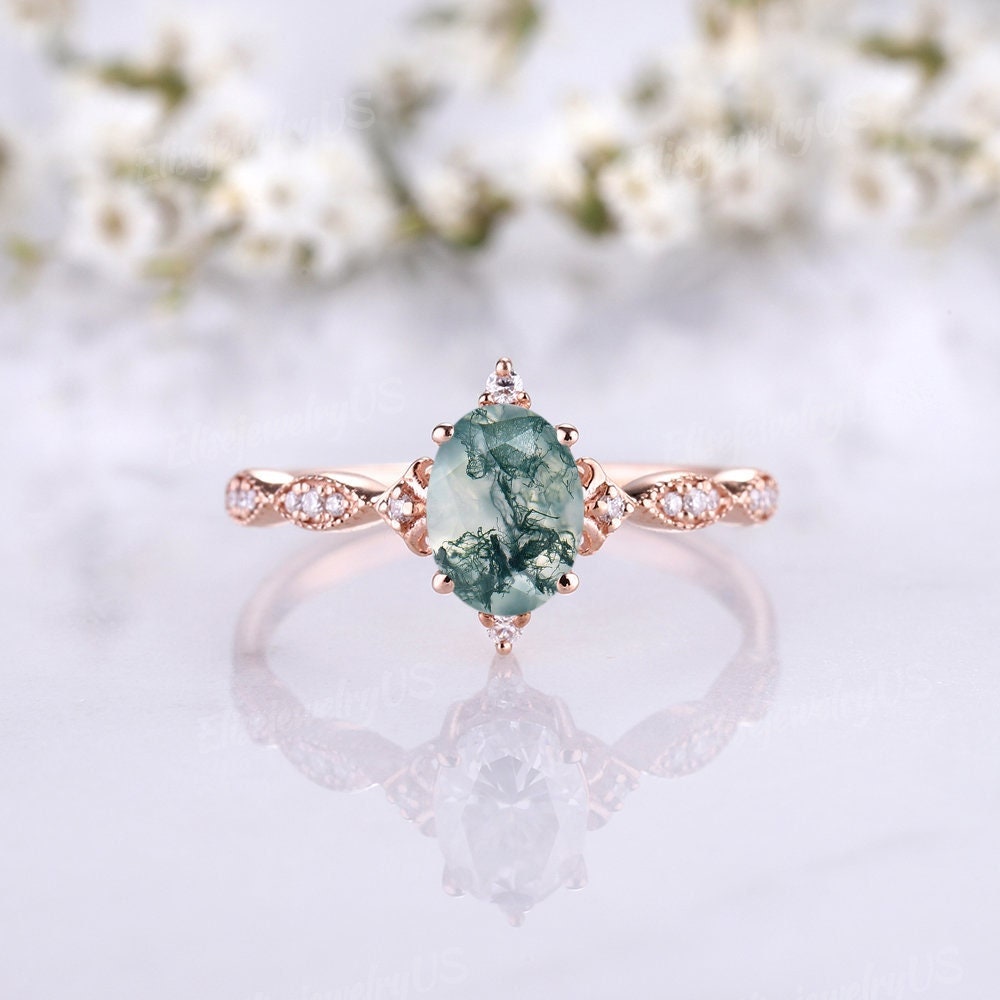 Vintage Moissanit Achat Verlobungsring Frauen Roségold Ring Cluster Zierlich Milgrain Oval Grün Ehering Geschenk von EliseJewelryUS