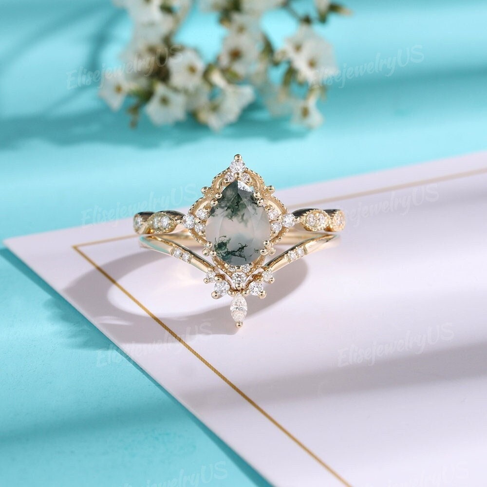 Vintage Moosachat Verlobungsring Birnenförmig Diamantcluster Eheringe Frau Marquiseschliff Gelbgoldring 2stk Versprechensring Vintage Moosachat Verlobungsring Birnenförmig Diamantcluster Eheringe Frau Marquiseschliff Gelbgoldring 2stk Versprechensring von EliseJewelryUS