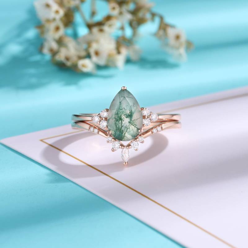 Vintage Moosachat Verlobungsring Set Frauen Rosegold Trauringe Einzigartige Diamantcluster-Brautschmucksachen Grüner Edelstein von EliseJewelryUS