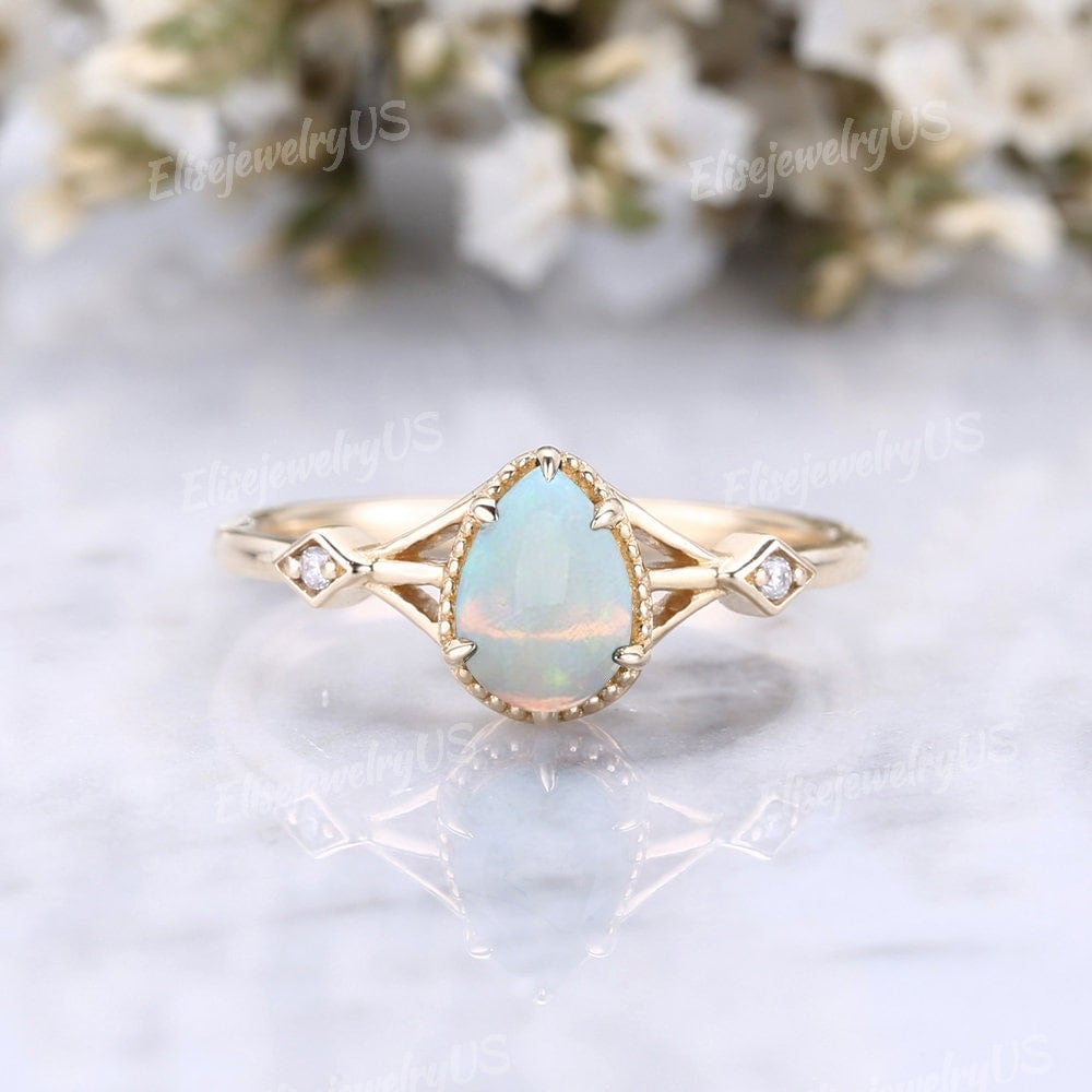 Weißer Opal Verlobungsring Vintage Goldring Natur Drei Stein Ehering Frauen Braut Versprechen Ring Geschenk Für Sie von EliseJewelryUS