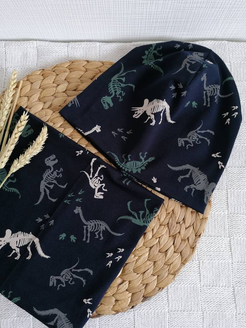 Mütze Mit Dinosaurier Dino Beanie Wintermütze Wendemütze Wendebeanie Loop Loopschal Wendeloop Wendeloopschal Schlauchschal Schal Blau Grau von Elissy88