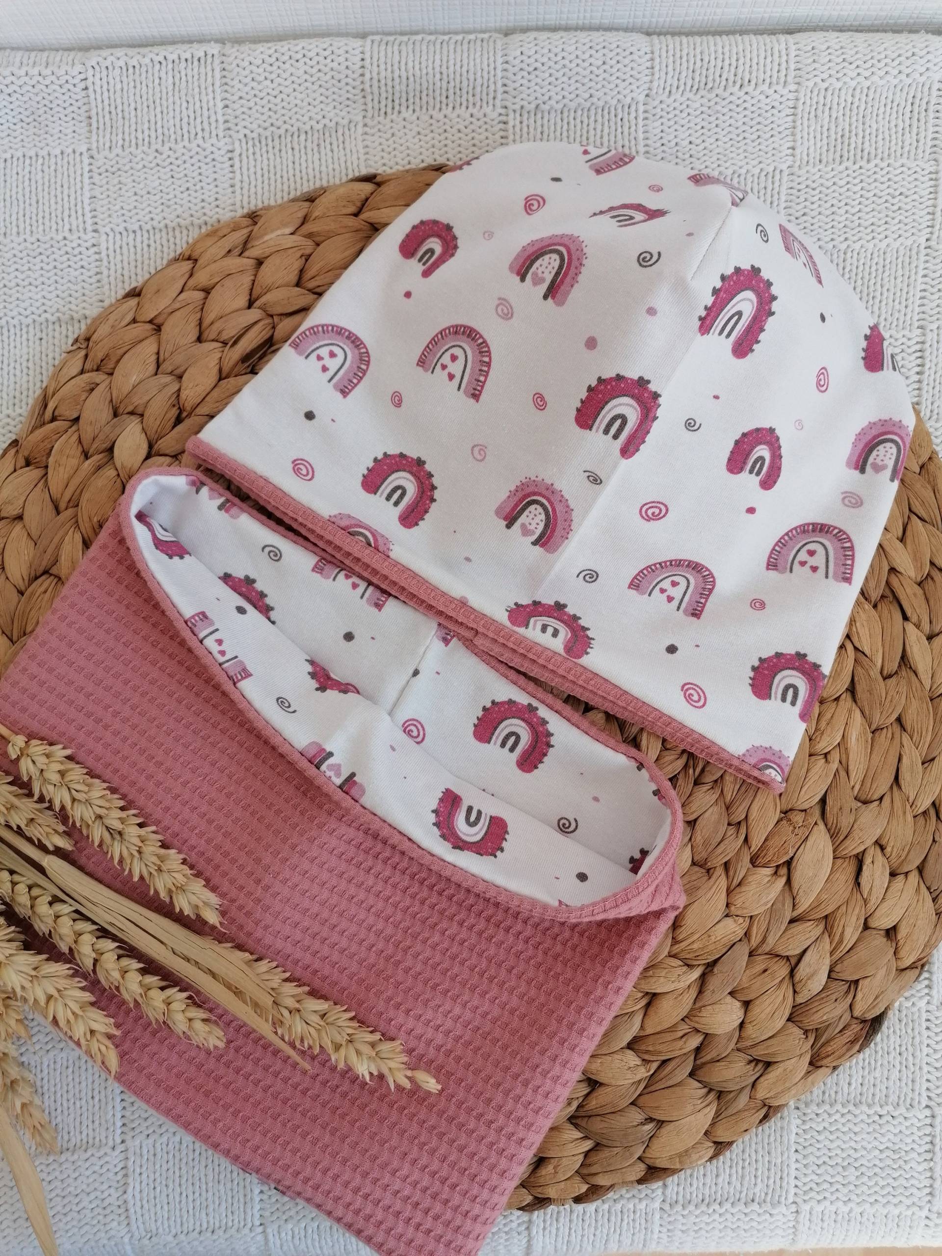 Mütze Regenbogen Rainbow Beanie Wintermütze Wendemütze Wendebeanie Loop Loopschal Wendeloop Wendeloopschal Schlauchschal Schal Altrosa Rosa von Elissy88