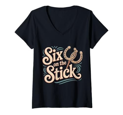 Damen Six On The Stick Hufeisenspielsportsportarten |- T-Shirt mit V-Ausschnitt von Elite Hufeisen -Pitch -Wettbewerbsfähigkeit