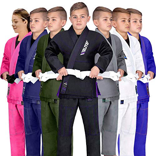 Elite Sports Kinder BJJ Gi Youth IBJJF Brasilianischer Jiujitsu Gi Kimono mit sanforisiertem Stoff und gratis Gürtel (siehe spezielle Größentabelle) (Premium Schwarz, C2) von Elite Sports