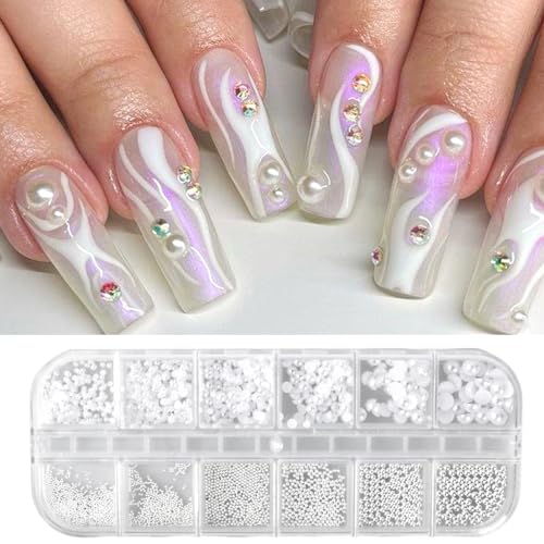 1Schachtel/12Raster Nail Art Strasssteine für Nägel Flatback Perlen, Weiß Flache Rückseite Halbrunde Perlen, Nail Charms Klein Halbrunde Perlenkugeln für Frauen Acryl Dekorationen Design von Elitecran