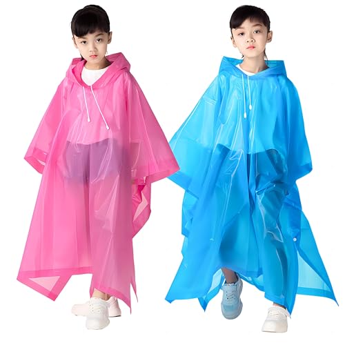 2 Stück Kinder Regenmäntel mit Kapuze, Leichter Kleinkind Regenbekleidung Wiederverwendbar Eva-Ponchos, Faltbare Regenschutz für Jungen Mädchen, Unisex Regencape für Schule gehen/Camping (Blau&Rosa) von Elitecran