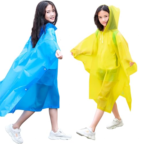 2 Stück Kinder Regenmäntel mit Kapuze, Leichter Kleinkind Regenbekleidung Wiederverwendbar Eva-Ponchos, Faltbare Regenschutz für Jungen Mädchen, Unisex Regencape für Schule gehen/Camping (Blau&Gelb) von Elitecran