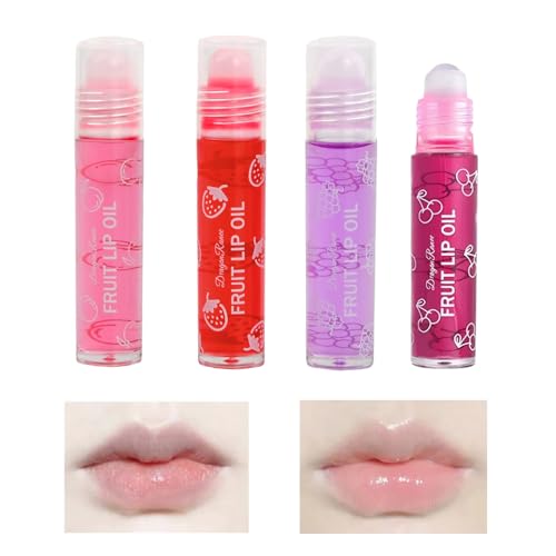 4 Pcs Roll On Lip Gloss, Feuchtigkeitsspendend Glitzer Lipgloss Set, Farblos Lip Glow Oil, Feuchtigkeitsspendendes Roll-on Lippenöl, Fruchtig Lippenbalsam für Lippenpflege Trockene Lippen von Elitecran