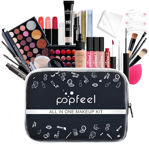 Alles in Einem Make-Up-Set mit Lidschatten Palette Lippenstift Concealer, 27 Stück All in One Make up Geschenkset, Kosmetik Schmink Starter Kit mit Kosmetiktasche für Teenager-Mädchen Frauen von Elitecran