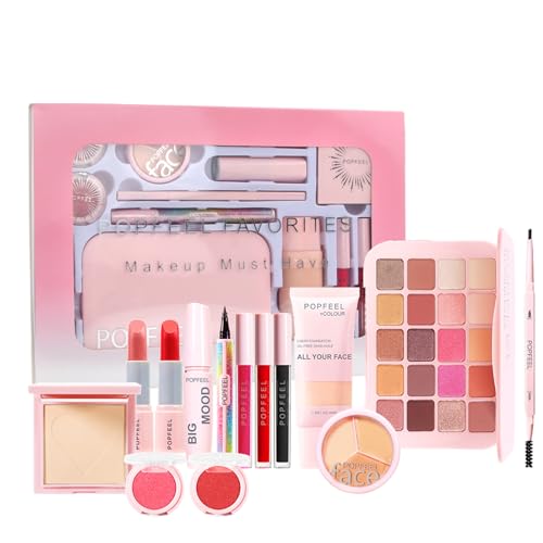 Alles in Einem Make-Up-Set mit Akne-Grundierung, Puder, Concealer, Rouge, Lidschatten, Lippenstifte, Flüssiger Lipgloss, Mascara, Eyeliner, Brauen-Stift, All in One Make up Geschenkset von Elitecran