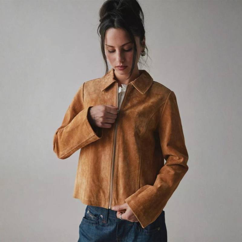 Damen Vintage Tan Brown Echt Wildlederjacke Handgemachter Retro 70Er Jahre Western Stil von EliteskinUS