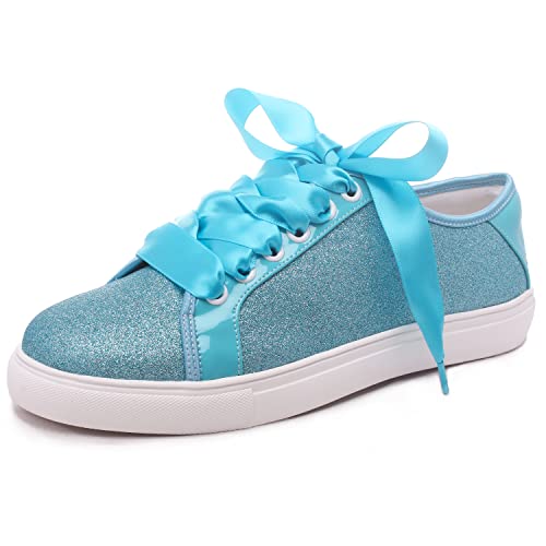 Elivandon 16051 Hochzeit Schuhe Bling Braut Turnschuhe Flats Braut Tennisschuhe Glänzende Pailletten Schuhe Funkelnde Turnschuhe Farbe Blau,Größe 39 EU (5.5 UK) von Elivandon