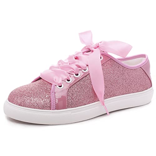 Elivandon 16051 Hochzeit Schuhe Bling Braut Turnschuhe Flats Braut Tennisschuhe Glänzende Pailletten Schuhe Funkelnde Turnschuhe Farbe Rosa,Größe 35 EU (2.5 UK) von Elivandon