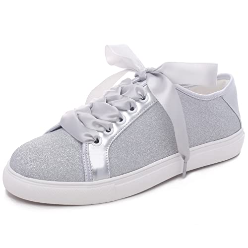 Elivandon 16051 Hochzeit Schuhe Bling Braut Turnschuhe Flats Braut Tennisschuhe Glänzende Pailletten Schuhe Funkelnde Turnschuhe Farbe Silber,Größe 39 EU (5.5 UK) von Elivandon