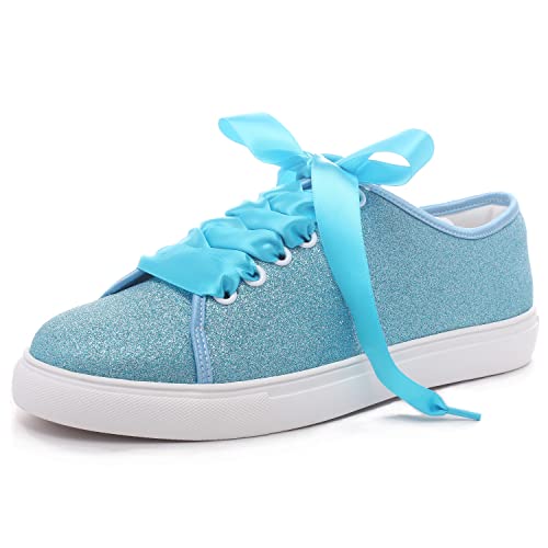 Elivandon 16052 Hochzeit Schuhe Bling Braut Turnschuhe Flats Braut Tennisschuhe Glänzende Pailletten Schuhe Funkelnde Turnschuhe Farbe Blau,Größe 42 EU (8 UK) von Elivandon