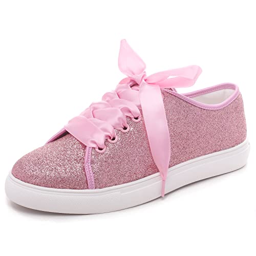 Elivandon 16052 Hochzeit Schuhe Bling Braut Turnschuhe Flats Braut Tennisschuhe Glänzende Pailletten Schuhe Funkelnde Turnschuhe Farbe Rosa,Größe 39 EU (5.5 UK) von Elivandon