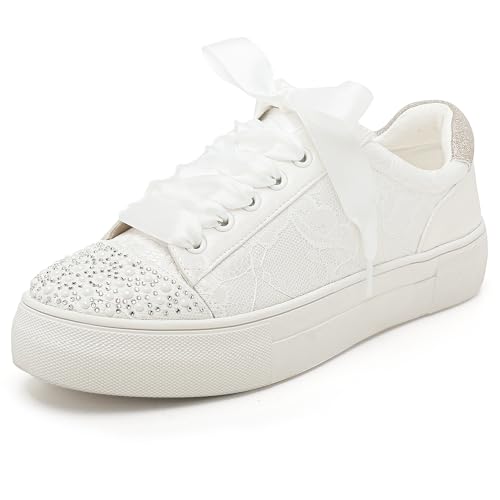 Elivandon 9994 Hochzeit Schuhe Spitze Braut Sneakers 3,7cm Plattform Braut Tennis Schuhe Sparkling Strass Hochzeit Sneakers Farbe Elfenbein,Größe 38 EU (5 UK) von Elivandon