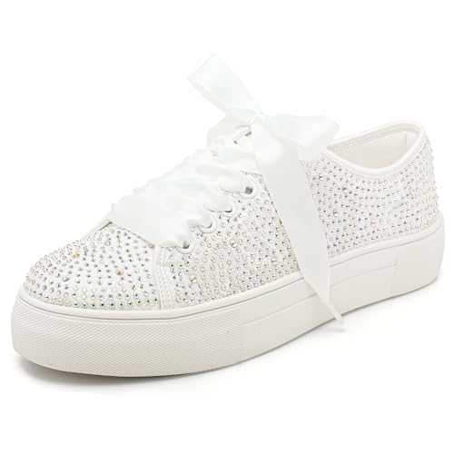 Elivandon 9995 Hochzeit Schuhe Spitze Braut Sneakers 3,7cm Plattform Braut Tennis Schuhe Sparkling Strass Hochzeit Sneakers Farbe Elfenbein,Größe 35 EU (2.5 UK) von Elivandon