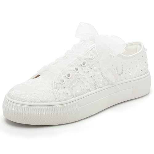 Elivandon 9996 Hochzeit Schuhe Spitze Braut Sneakers 3,7cm Plattform Braut Tennis Schuhe Sparkling Strass Hochzeit Sneakers Farbe Elfenbein,Größe 35 EU (2.5 UK) von Elivandon