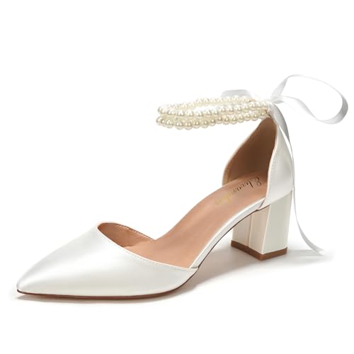 Elivandon J1585 Damen Satin Spitze Zehen Mittlerer Absatz Abend Sandalen 6 cm Blockabsatz Braut Party Hochzeit Pumps mit Doppel Perlen Riemen Farbe Elfenbein,Größe 39 EU (5.5 UK) von Elivandon