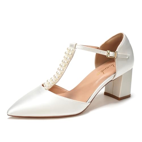 Elivandon J1587 Damen-Satin-Spitzenkappen-Mittelabsatz-Abendsandalen 6 cm Blockabsatz Brautparty-Hochzeitsschuhe mit doppelter Perlen-T-Bandage Farbe Elfenbein,Größe 41 EU (7 UK) von Elivandon