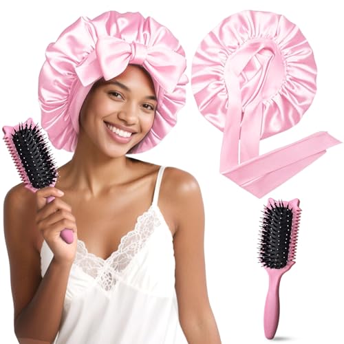 Seidenhaube zum Schlafen mit Haarschutz Doppelseitige Schlafhaube Seide,mit neuem Lockenkamm Lange Haare & Locken, geeignet langes und lockiges Haar, Seiden-Schlafmütze Bindeband, Damen (Rosa) von Elixshen