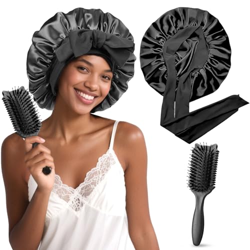 Seidenhaube zum Schlafen mit Haarschutz Doppelseitige Schlafhaube Seide ,mit neuem Lockenkamm Lange Haare & Locken, geeignet langes und lockiges Haar, Seiden-Schlafmütze Bindeband, Damen (Schwarz) von Elixshen