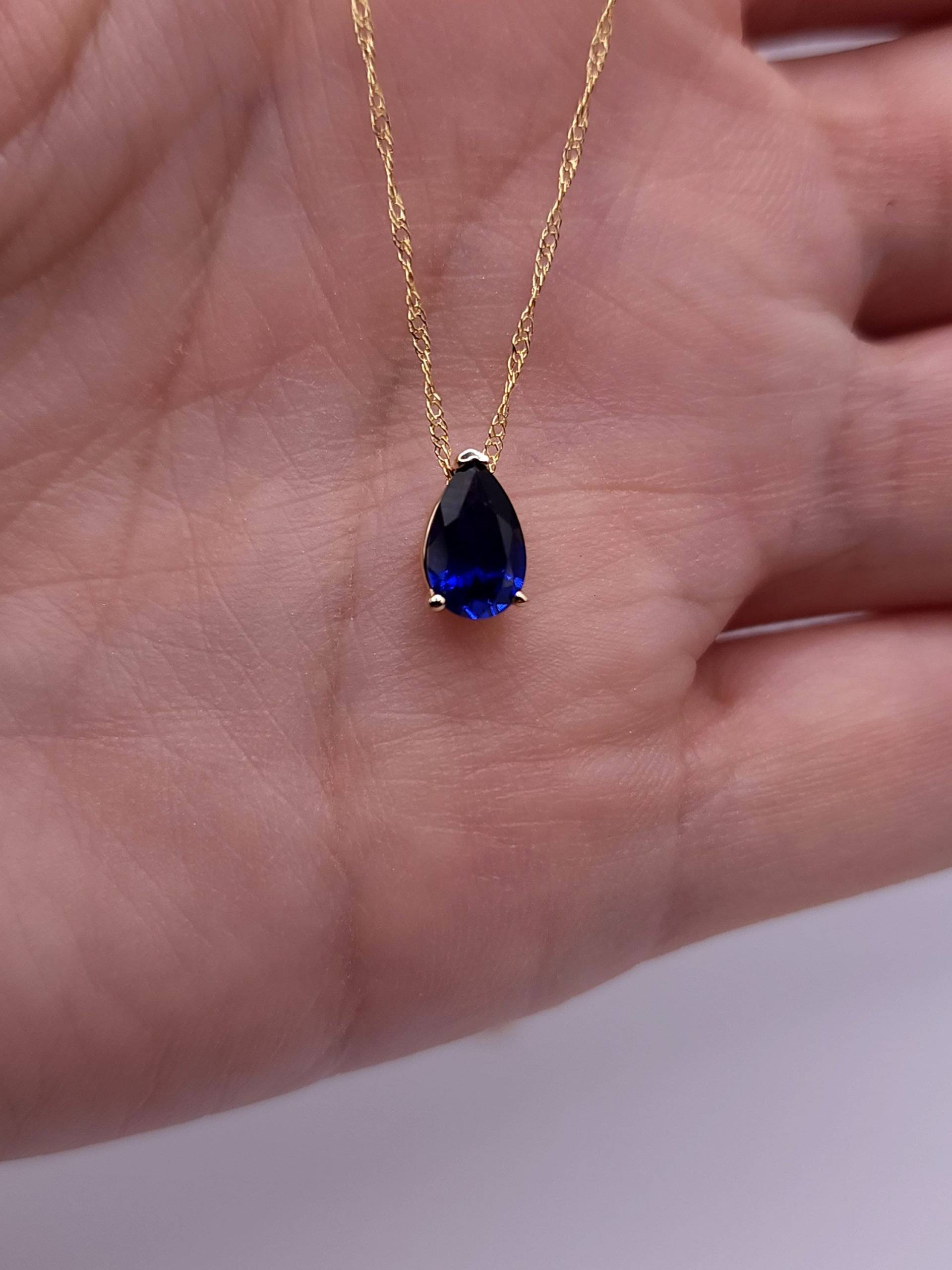 14Kt Gold Blauer Saphir Teardrop Halskette, Anhänger, September Birthstone Halskette von ElizabethJewelryInc