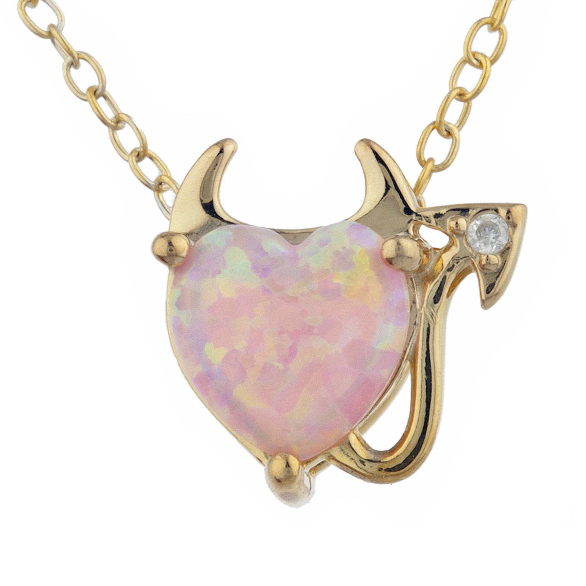 14Kt Gold Pink Opal Halskette, Diamant Anhänger, Teufel Herz Oktober Birthstone Halskette von ElizabethJewelryInc