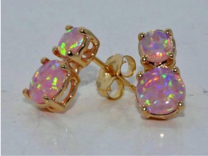 14Kt Gold Rosa Opal Runde Doppel Ohrstecker Ohrringe Geschenk Für Ihre Brautjungfer Braut Hochzeit Schmuck von ElizabethJewelryInc