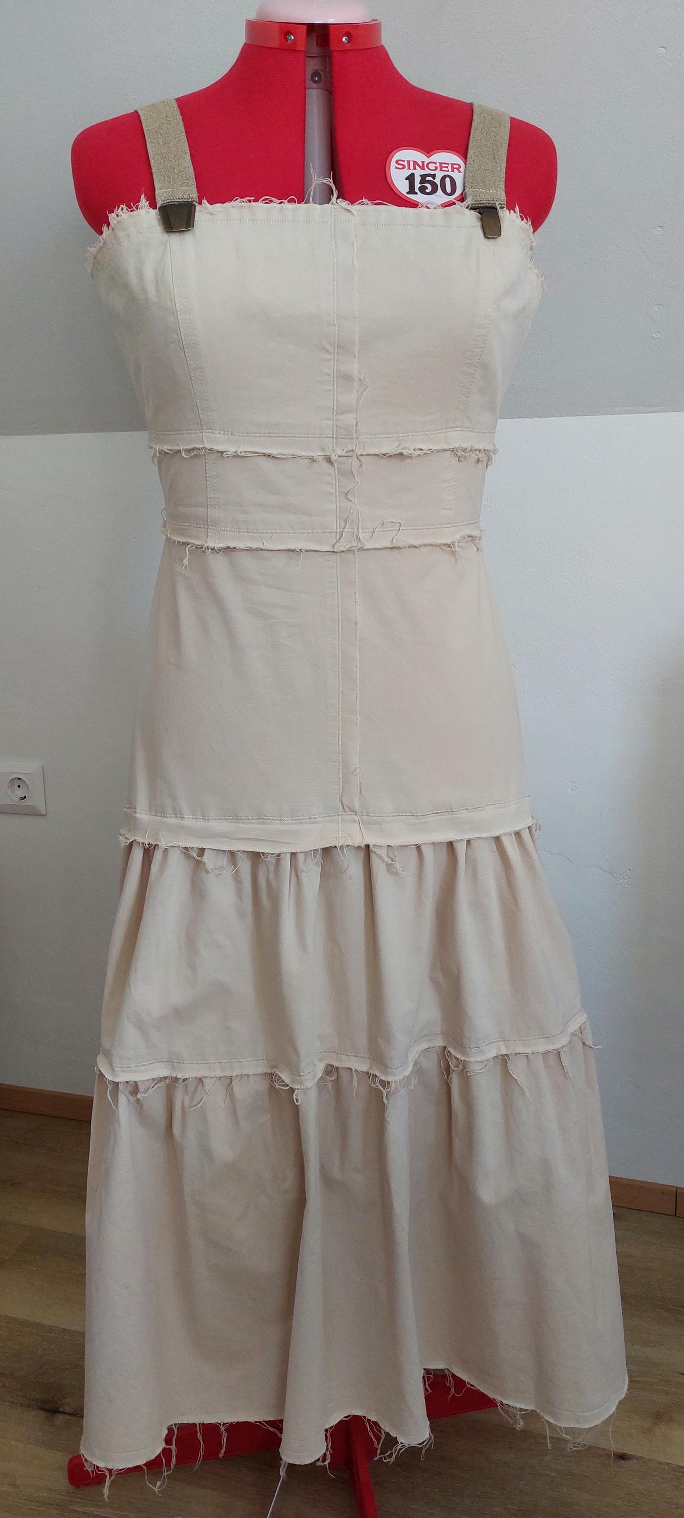 Raw Edge Cotton Boho Dress - Handmade Beige Midi Recycled Strap One-Of-A-Kind Avant-Garde Summer Look von ElkoraDesign