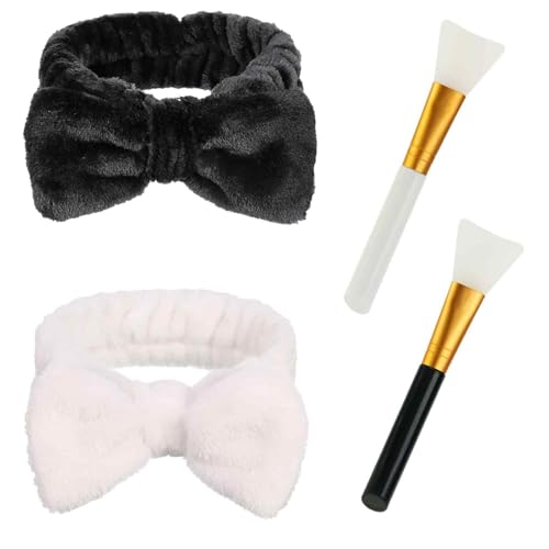 2er-Pack Schleifen-Stirnbänder mit 2er-Pack Silikon-Gesichtsmaskenbürsten, Damen-Kosmetik-Stirnbänder, korallenrote Samt-Stirnbänder, schwarz-weiße Schleifen-Stirnbänder, Gesichtswasch-Haar-Accessoire von Elkuaie