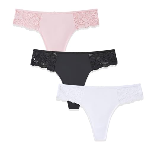 Elkuaie 3er Pack Damen Slips Spitzen Hohlhöschen Modische Atmungsaktive Tangas Nahtlose Höschen Überkreuzte Dünne Träger Atmungsaktive Damenhöschen Schwarz Weiß Rosa von Elkuaie
