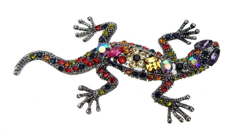 Ella Jonte Brosche, Eidechse Gecko silber mit bunten Strasssteinen Anstecknadel von Ella Jonte