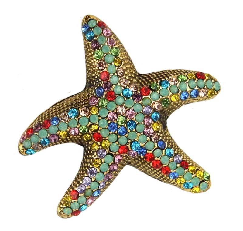 Ella Jonte Brosche, Maritime Seestern Brosche gold mit bunten Strasssteinen von Ella Jonte